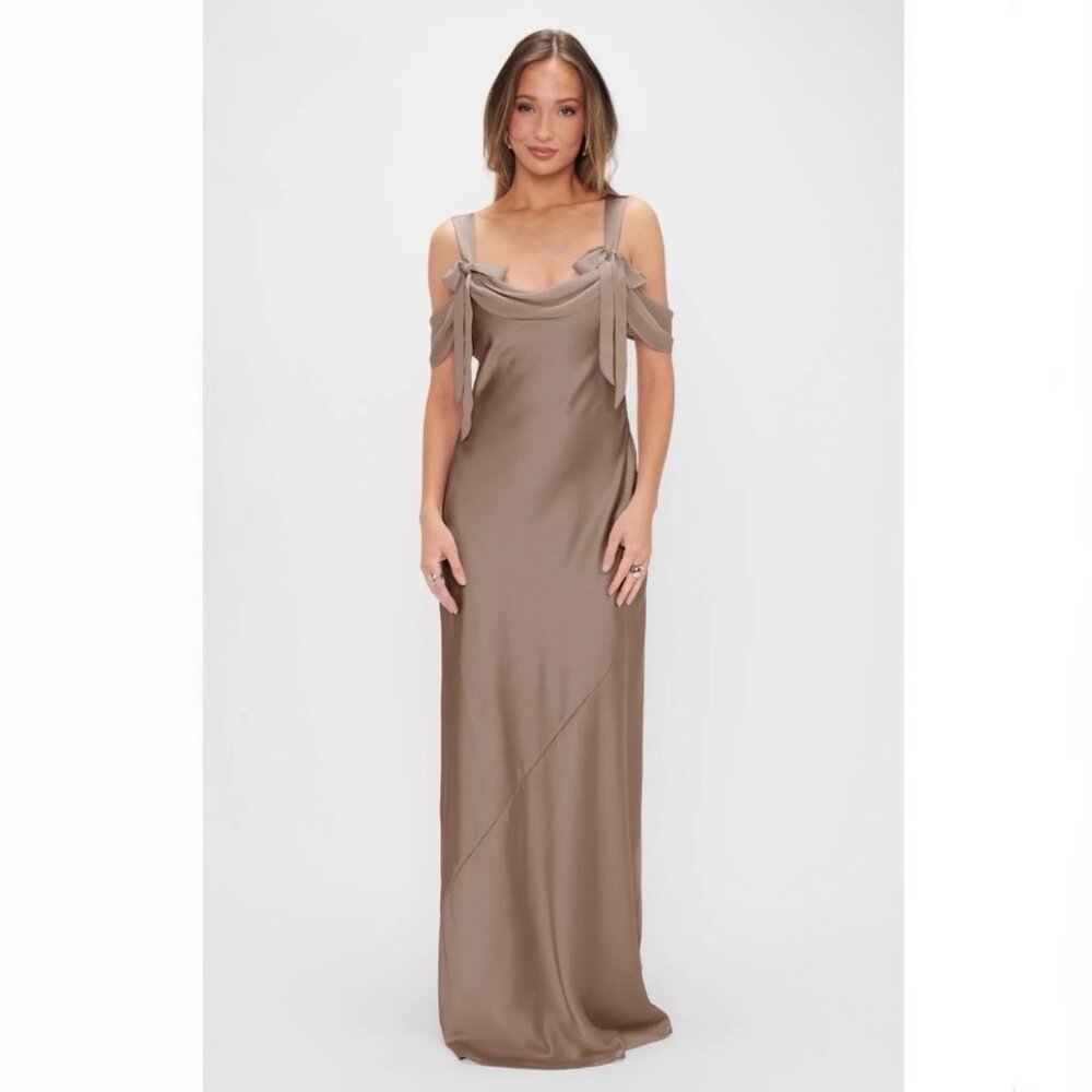 Show Me Your Mumu Bella Maxi Dress in Dune Luxe Satin S